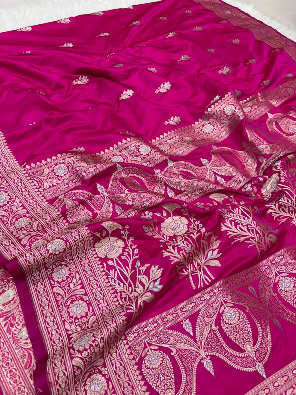 Premium Banarasi Mashru Katan Silk Saree Allover Zari Minakari Weave