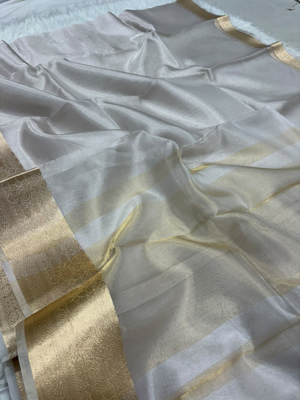 Premium Banarasi Pure Tissue Silk Saree Allover Border and Pallu Resmi Zari Weave