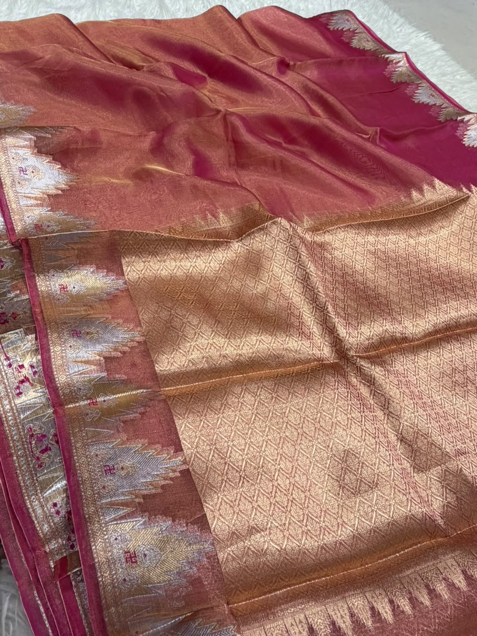 Premium Banarasi Pure Tissue Silk Saree Allover Border and Pallu Resmi Zari Weave
