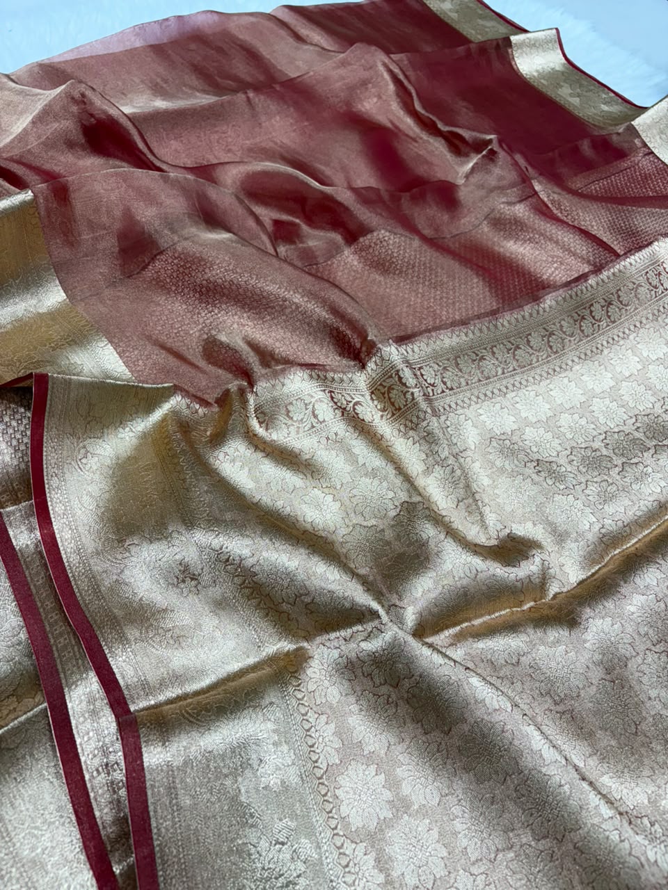 Premium Banarasi Pure Tissue Silk Saree Allover Border and Pallu Resmi Zari Weave
