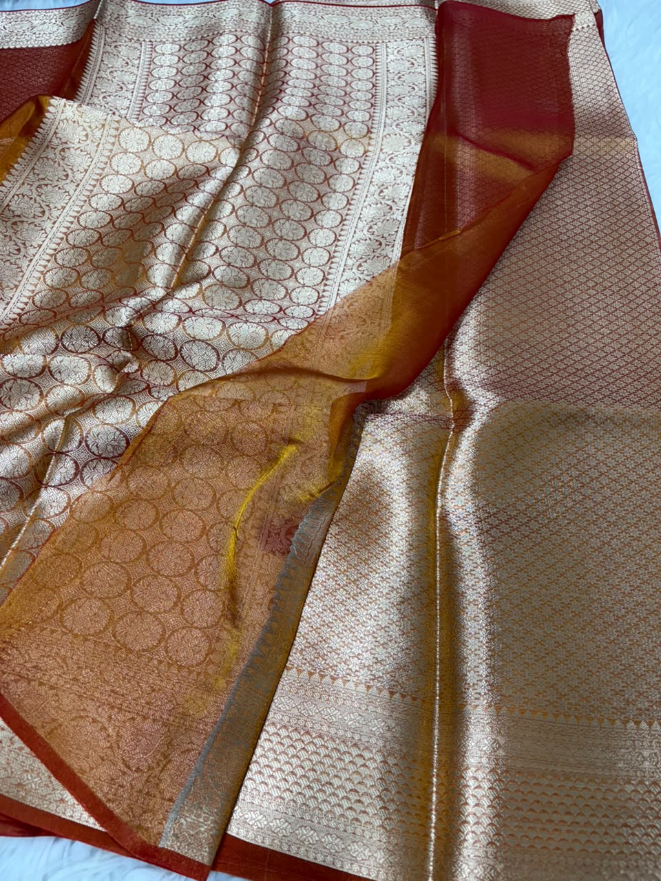 Premium Banarasi Pure Tissue Silk Saree Allover Border and Pallu Resmi Zari Weave