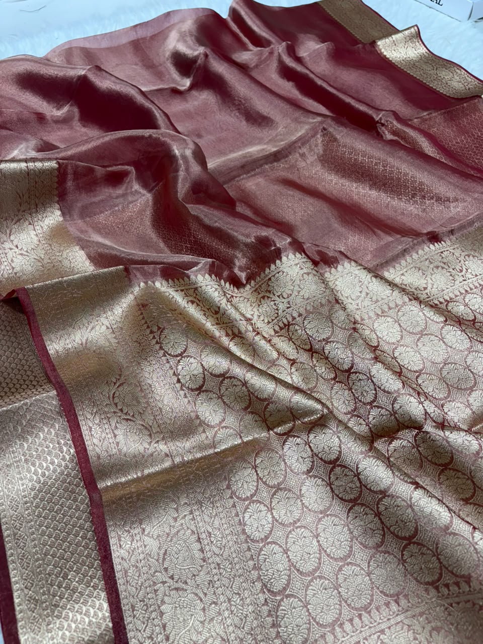 Premium Banarasi Pure Tissue Silk Saree Allover Border and Pallu Resmi Zari Weave