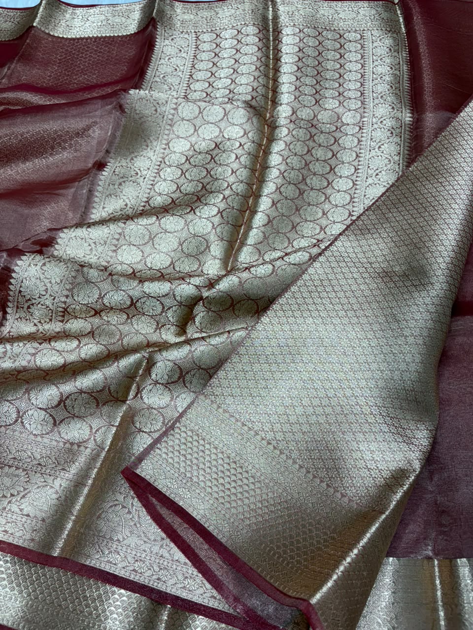 Premium Banarasi Pure Tissue Silk Saree Allover Border and Pallu Resmi Zari Weave